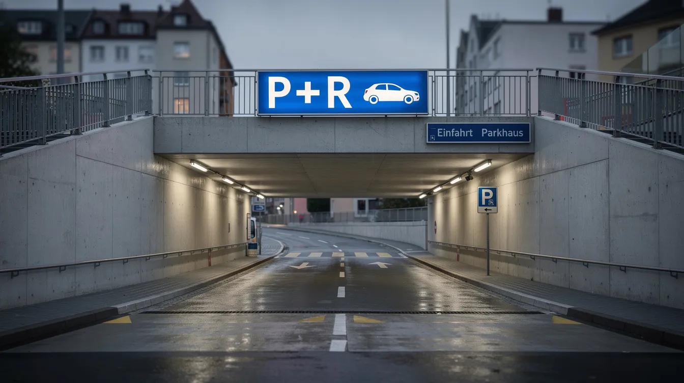 Park and Ride: Stressfrei parken und bequem weiterfahren 5 Der unterirdische Tiefgarageneingang ist mit einer P+R-Beschilderung versehen und führt über eine beleuchtete Rampe. Diese Anlage bietet eine bequeme Möglichkeit, das Auto abzustellen und mit öffentlichen Verkehrsmitteln wie U-Bahn oder S-Bahn in die Innenstadt zu gelangen.